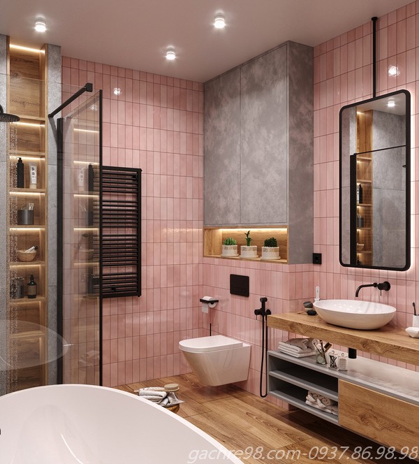 Gạch thẻ trang trí màu hồng ốp tường phòng tắm