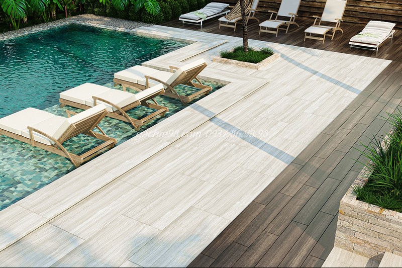 Gạch vân sọc mặt đá mờ 600x1200 cũng có thể sử dụng cho không gian ngoại thất như hồ bơi, sân vườn.