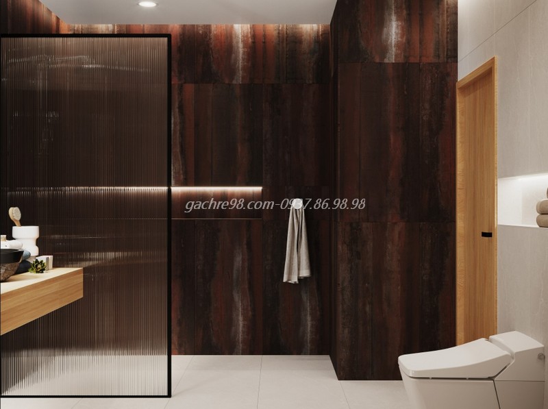 Gạch 60x120 Ấn Độ thiết kế ở phòng tắm với màu nâu đỏ gỉ sắt