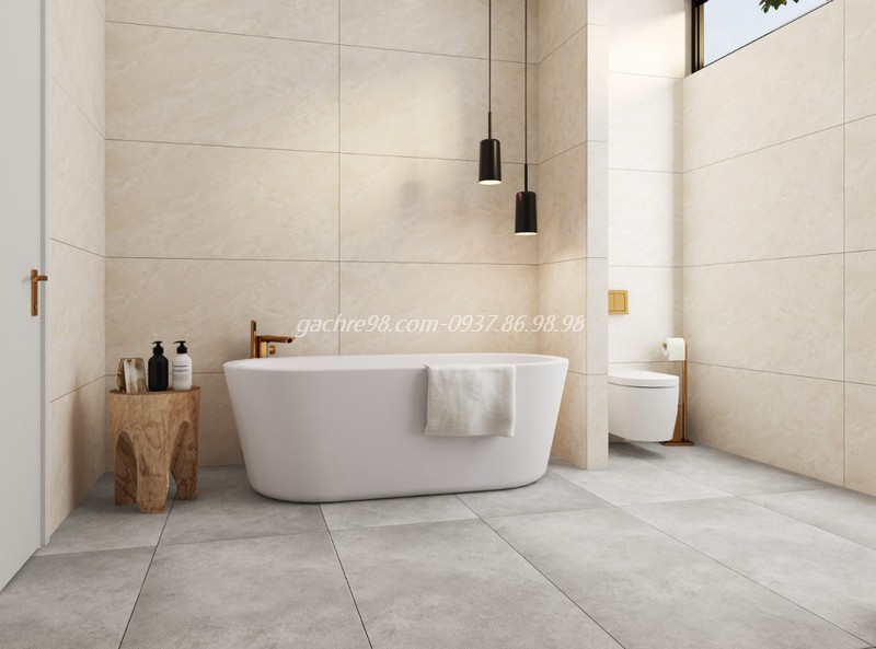 Gạch 600x1200 màu kem có thể kể hợp với gạch vân giả xi măng sử dụng ở phòng tắm sang trọng. Hay là các thiết kế cho biệt thự resort villa cao cấp