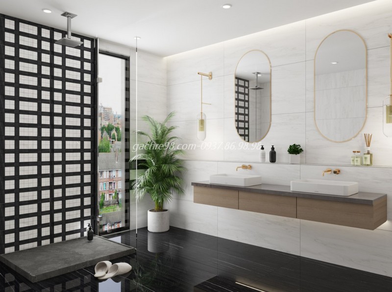 Ngoài phòng khách ra thì các mẫu gạch nhập khẩu 600x1200 siêu bóng kiếng hoàn toàn sử dụng được cho không gian phòng tắm với việc ốp hoặc lát