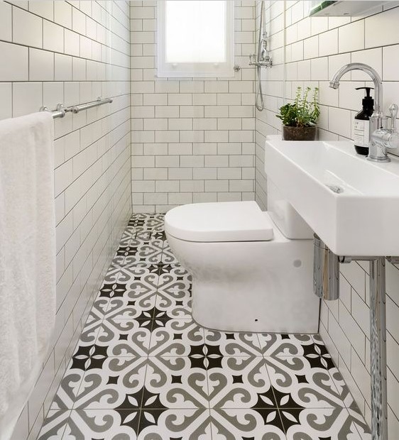 Gray and white bathroom floor tiles