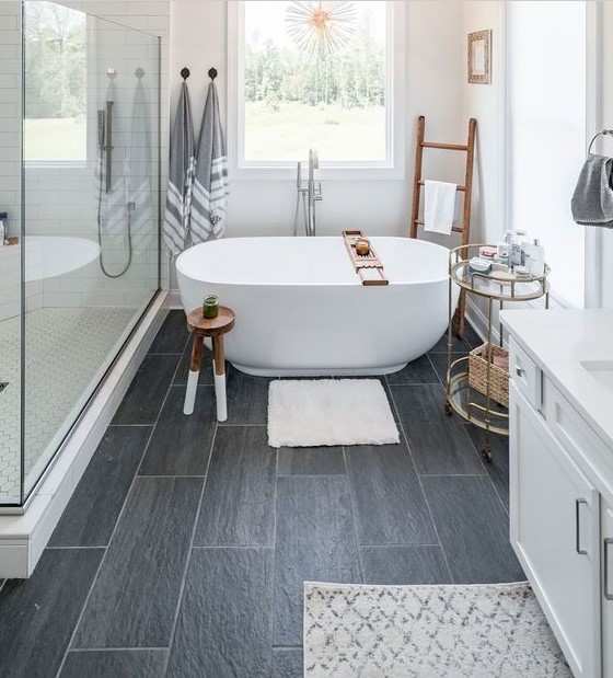 Gray bathroom floor tiles